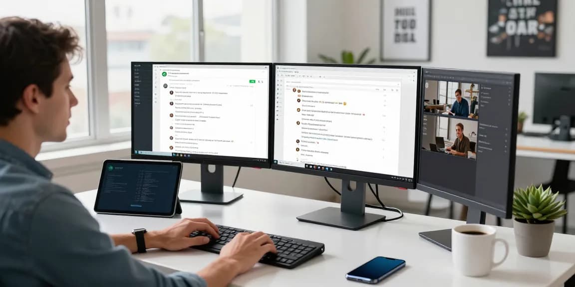Using WhatsApp電腦版 on a desktop in a modern workspace with tech gadgets.