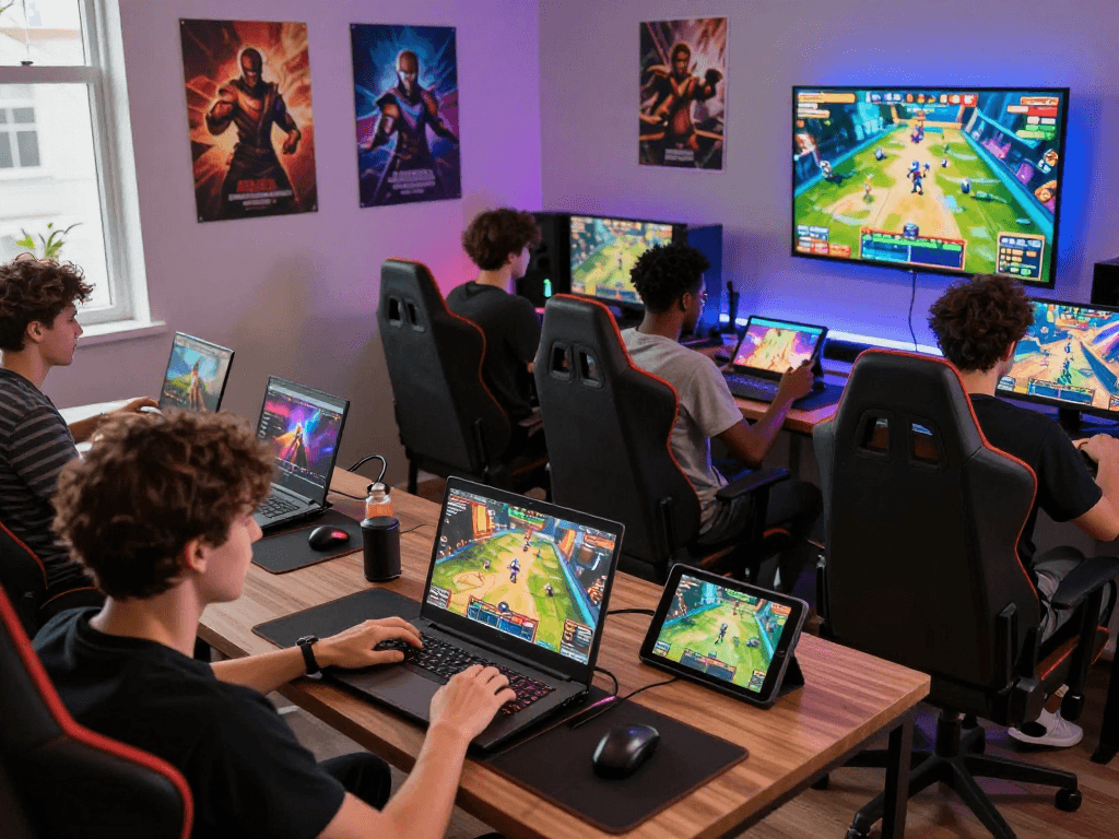 Engaged players enjoying various porno games in a vibrant gaming lounge