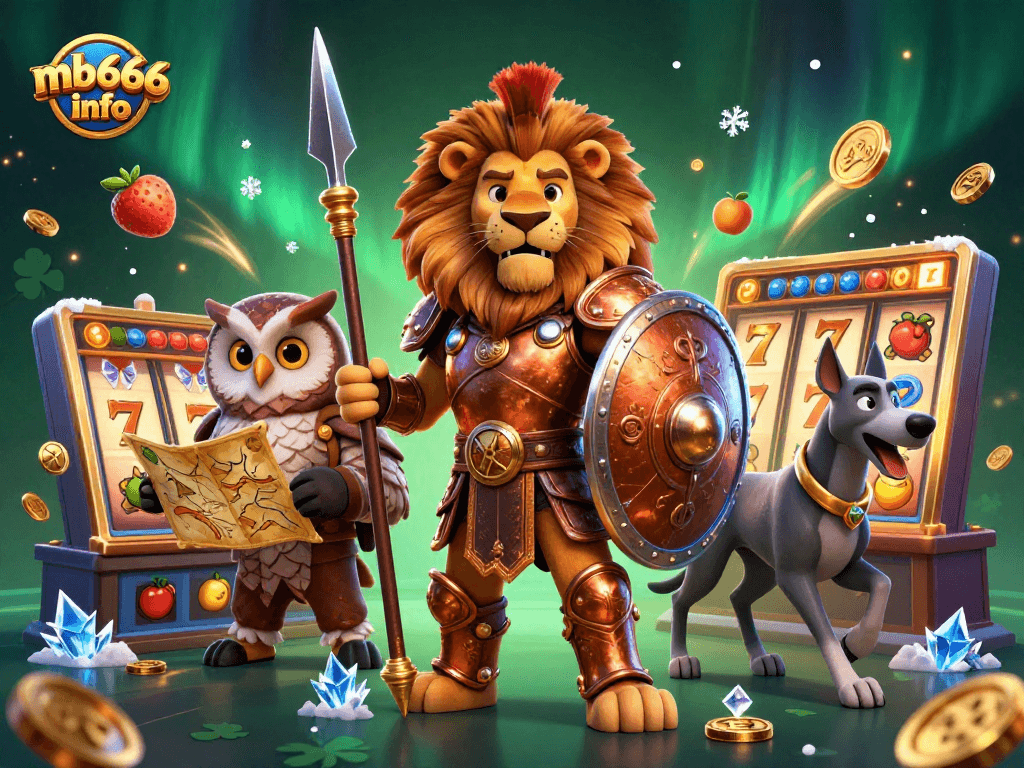 Engage with thrilling slots at mb666 info, featuring a vibrant scene of a Spartan lion and dynamic slot elements.