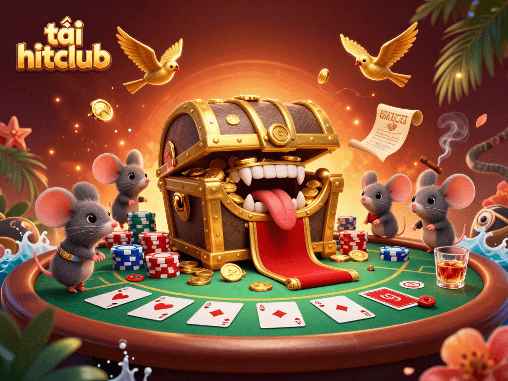 Engage in excitement with tải hitclub, featuring a treasure chest and poker scene in vivid detail.