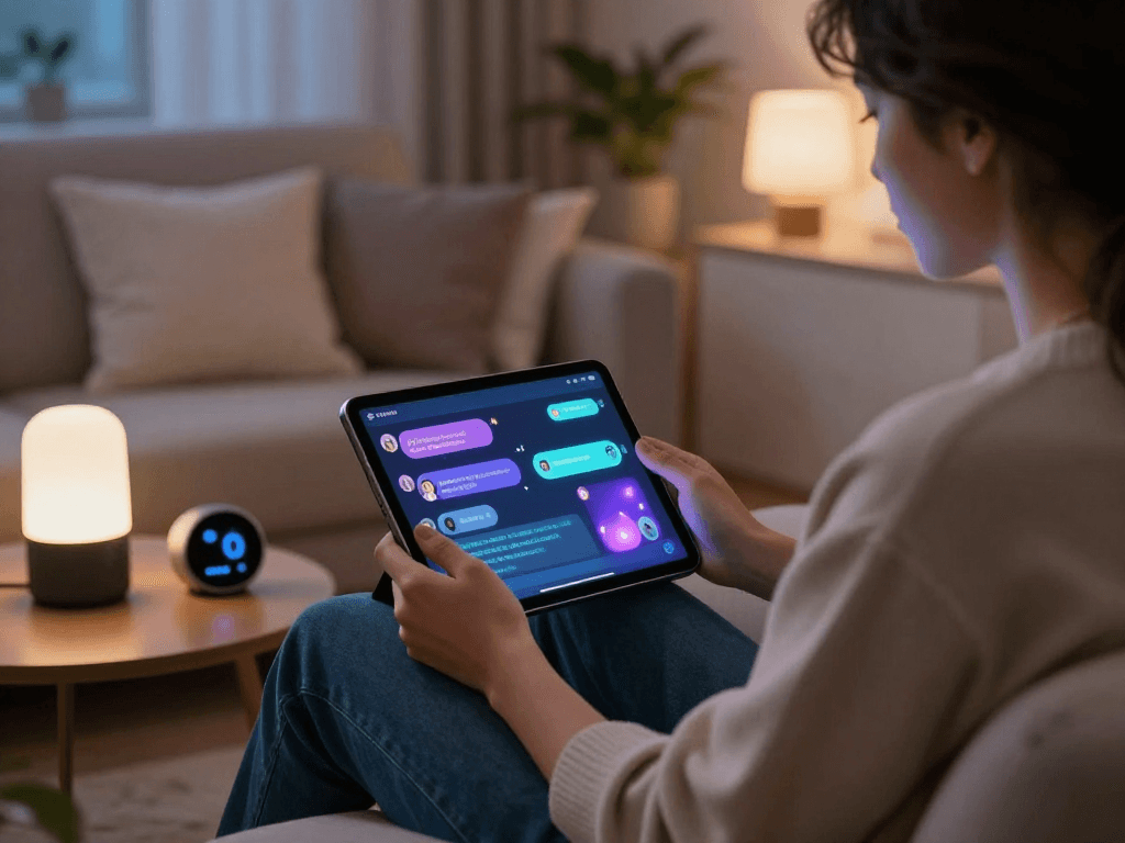 Engaging scene of a person using sex AI on a tablet in a cozy, modern setting with ambient lighting.