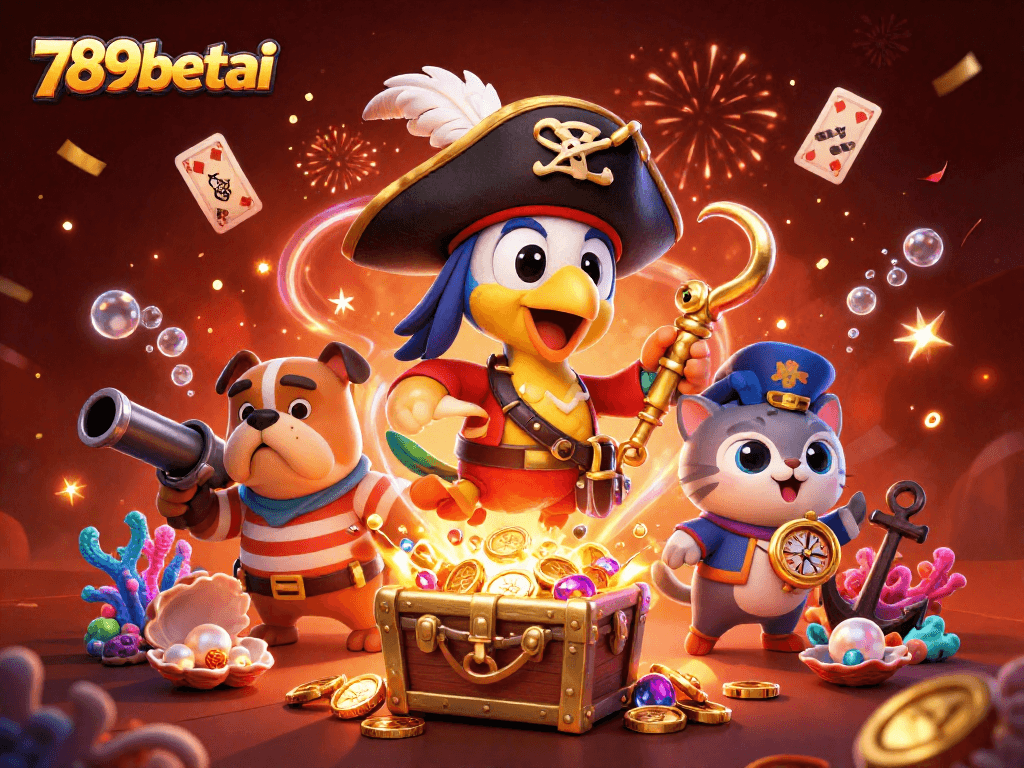 Join the adventure with 789betai in this dynamic 3D casino scene filled with treasure, games, and characters.