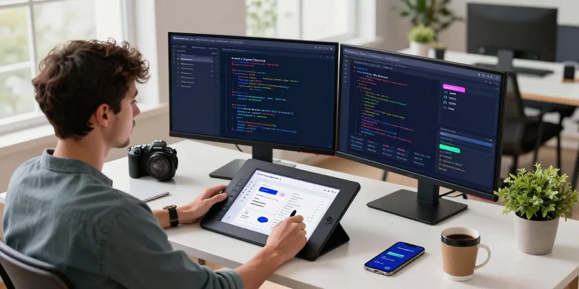 Kinetiq Hyperliquid workspace featuring blockchain developer analyzing staking data on dual monitors, showcasing modern DeFi innovation and technology.