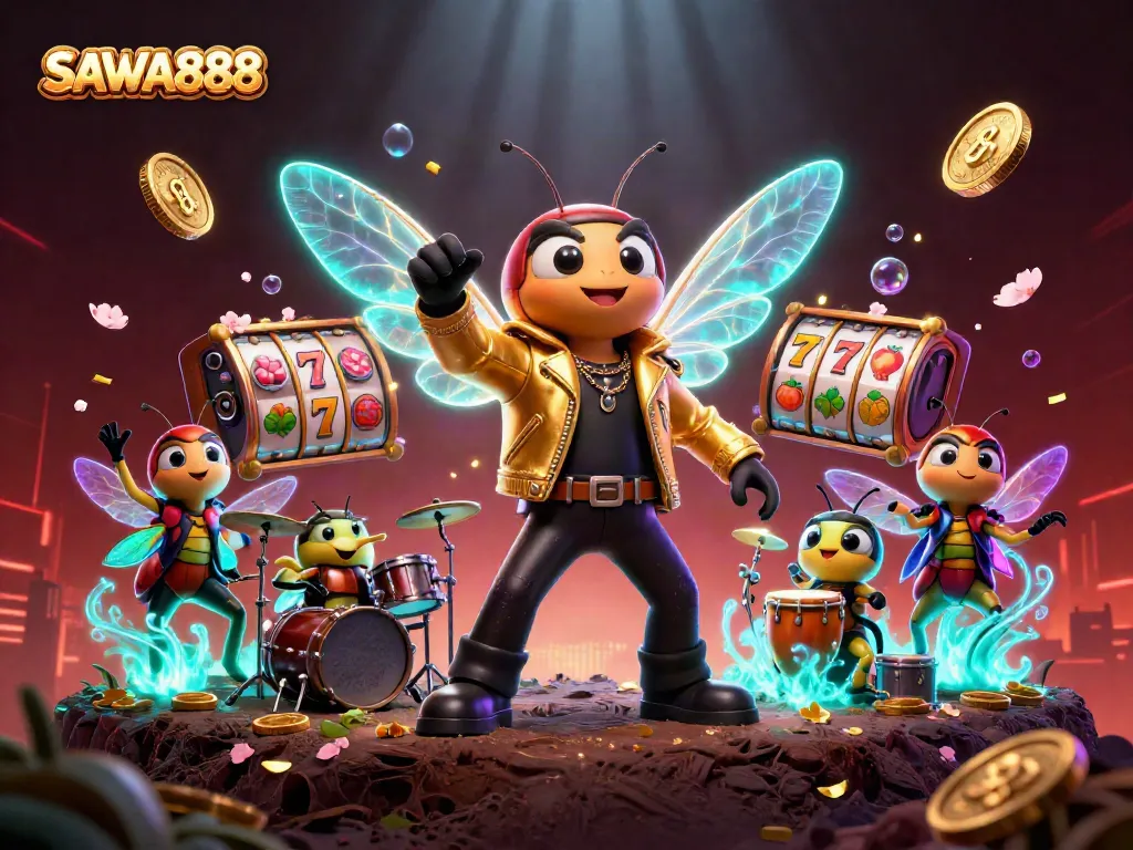 Experience thrilling gameplay with SAWA888 in a vibrant 3D casino illustration featuring exciting slot elements.