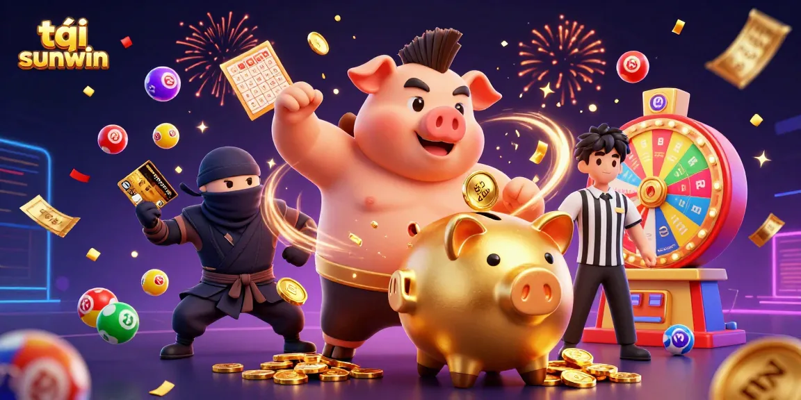 Join the excitement with tải sunwin as the golden piggy bank sumo wrestler stomps coins and dynamic lottery elements fly.