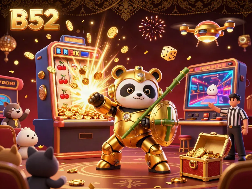 B52 casino scene featuring a golden panda in a mech-suit, with vibrant jackpots and dynamic game elements.