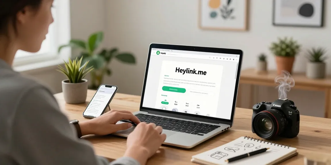 Pengguna membuat link Heylink.me dengan alat digital di ruang kerja yang nyaman, menampilkan GEGESLOT.