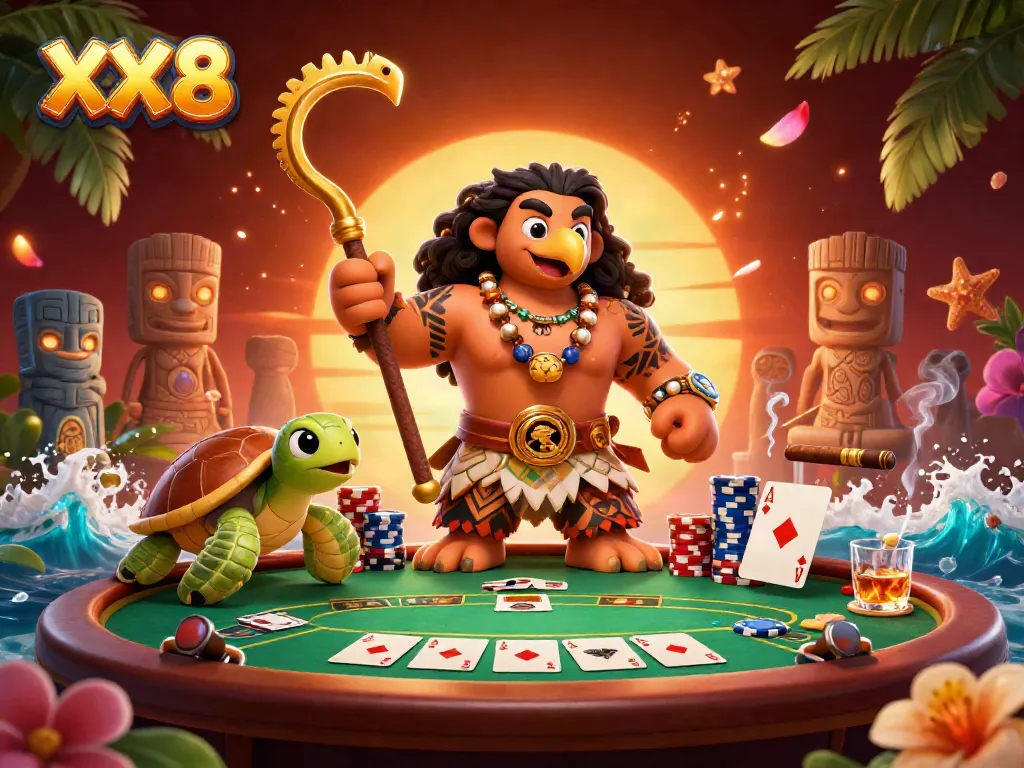 Experience the high-stakes excitement of XX 8 casino games with a vibrant 3D Hawaiian scene.