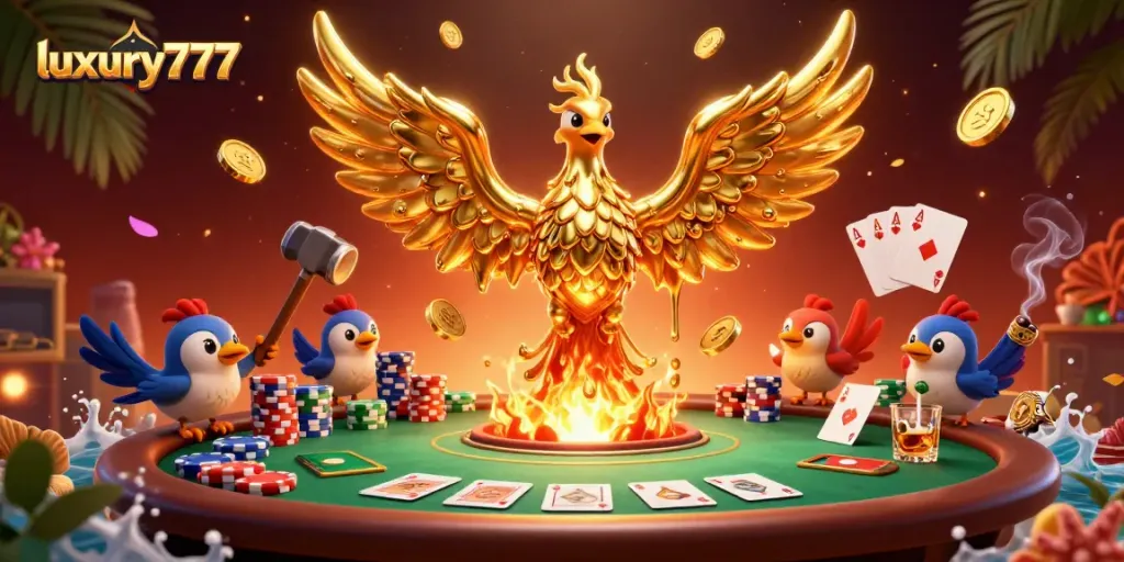 Experience the thrill of luxury777 as golden coins fall from a phoenix amidst a vibrant casino scene.