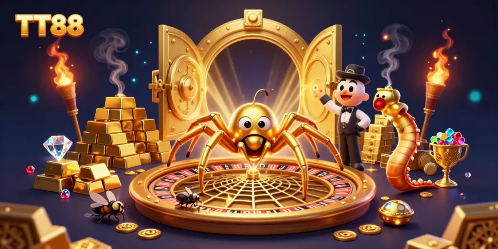 Experience the excitement of TT88 as a golden spider spins a roulette web while a fly places bets.