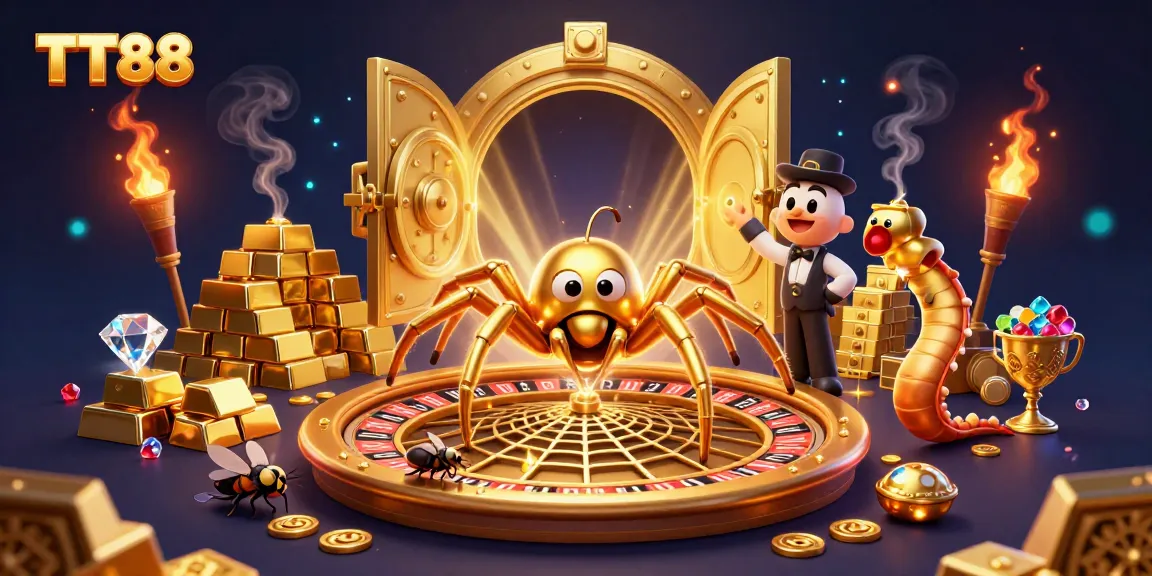 Experience the excitement of TT88 as a golden spider spins a roulette web while a fly places bets.