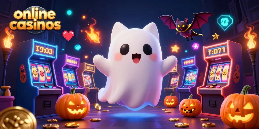 Explore online casinos through a vibrant scene featuring slot reels and gaming characters.