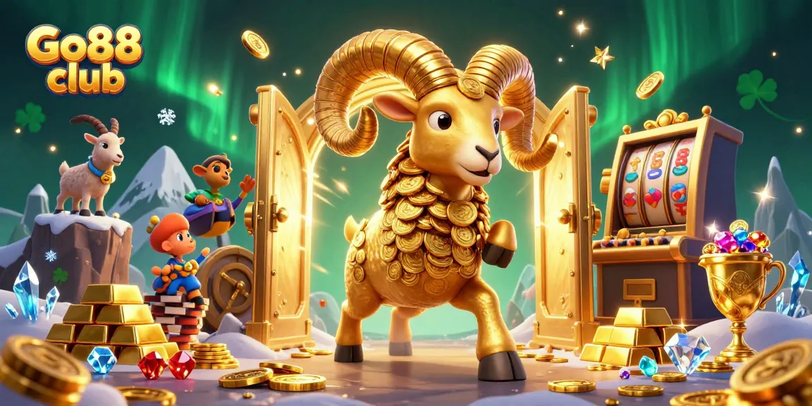 Experience the thrill at Go88 club with a golden ram charging through a dazzling treasure vault.