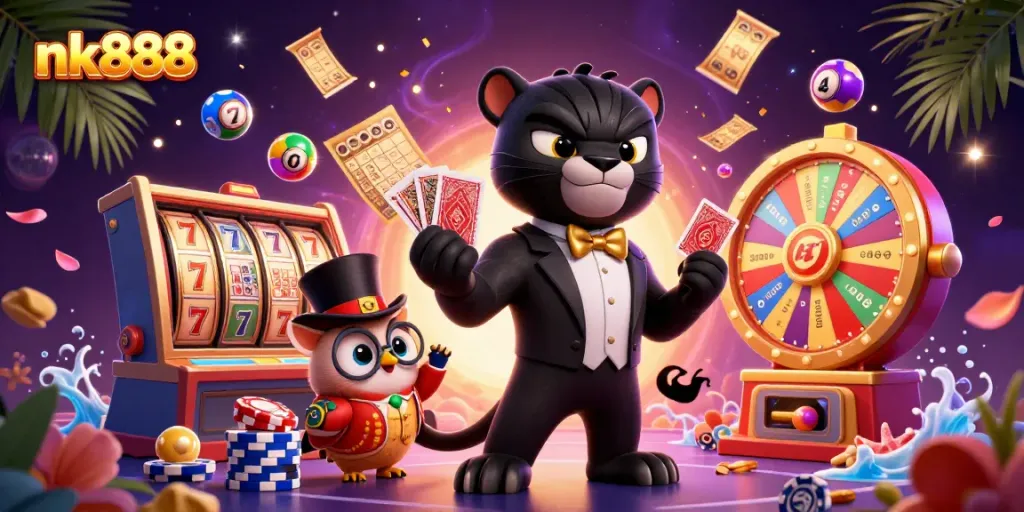 Experience thrilling moments with nk888 as a stylish panther deals cards amidst dynamic casino elements.