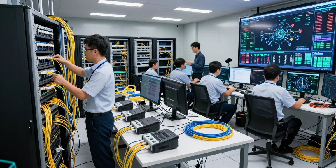 Engineers configuring fiber cable assemblies in a futuristic data center, showcasing advanced connectivity.