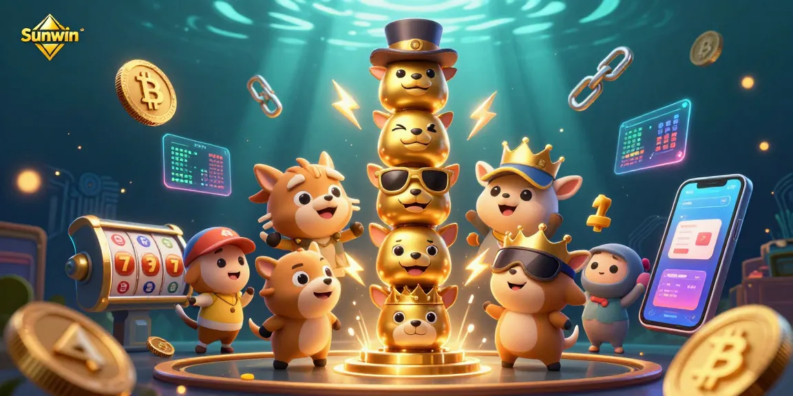 Experience the vibrant games at Sunwin, featuring a golden totem with animal faces, slot reels, and cryptocurrency elements.