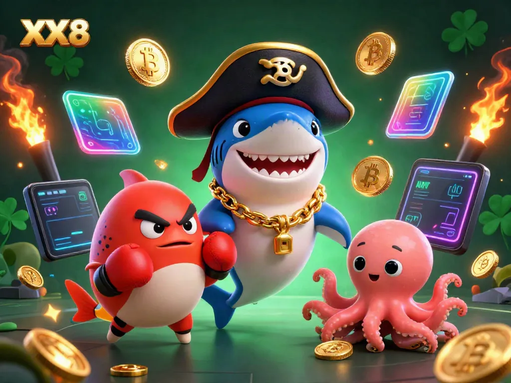 Engaging scene of cartoon pirate shark and friends representing XX 8 in a lively casino atmosphere.