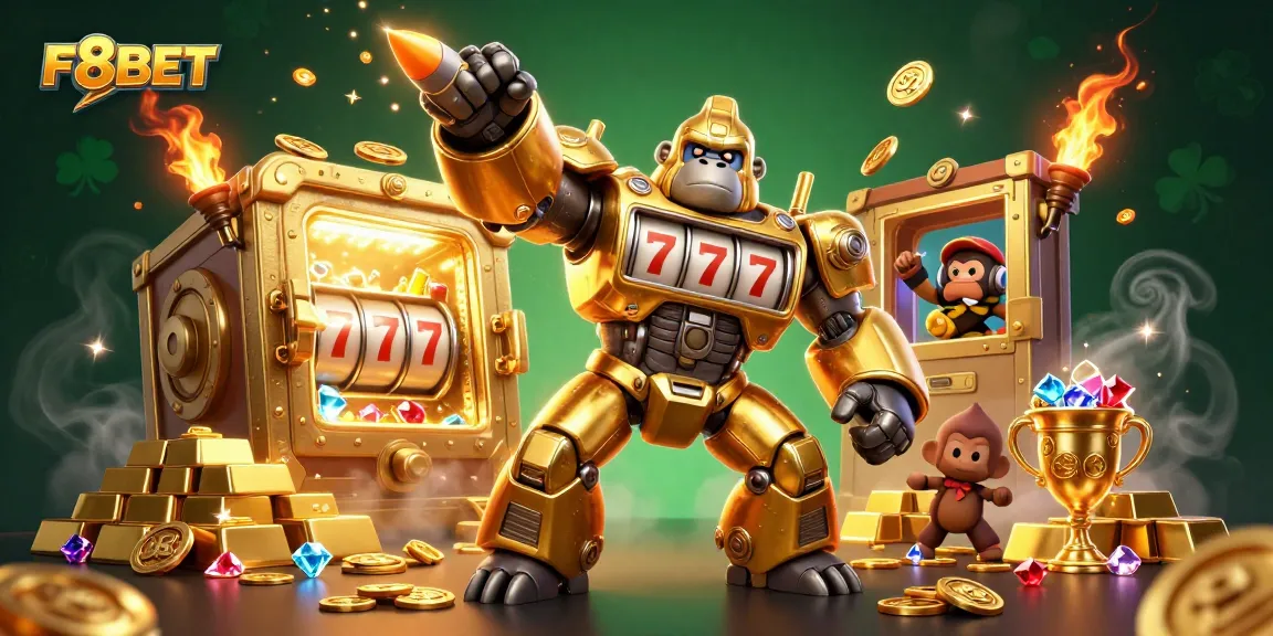 Join the excitement with F8BET's golden gorilla mech powered by slot machine magic!
