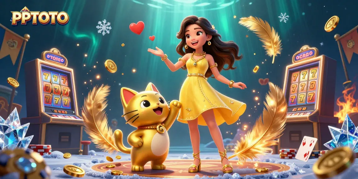 PPTOTO menawarkan permainan slot yang menarik menampilkan seorang wanita Asia yang ceria dan kucing keberuntungan, dikelilingi oleh elemen kasino yang cerah.