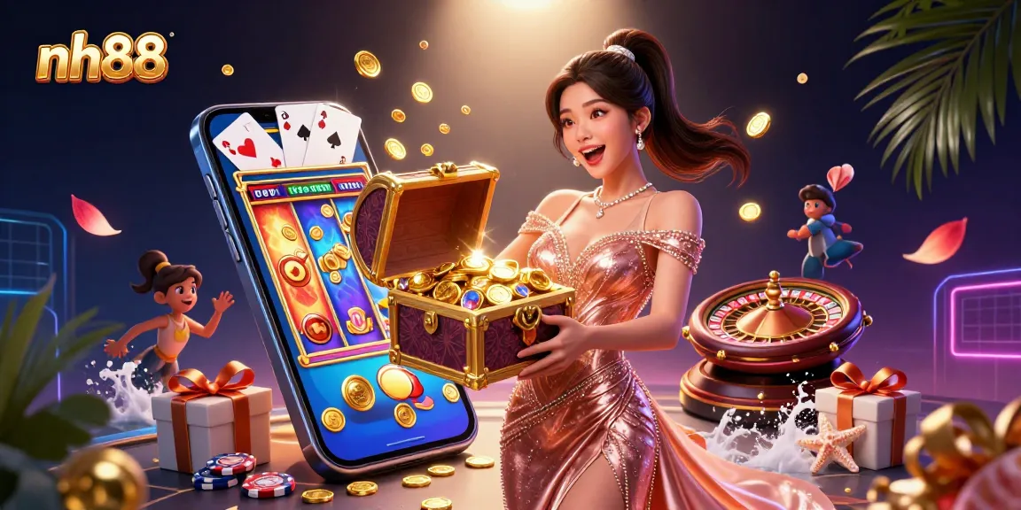 Experience exciting gaming at nh88 with treasures and vibrant casino elements in this rich digital illustration.