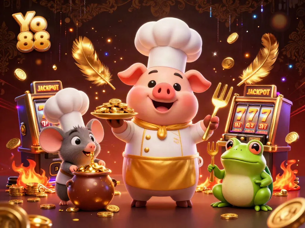 Experience excitement at Yo 88 with the chef pig serving gold coins amidst thrilling slots and dynamic characters.