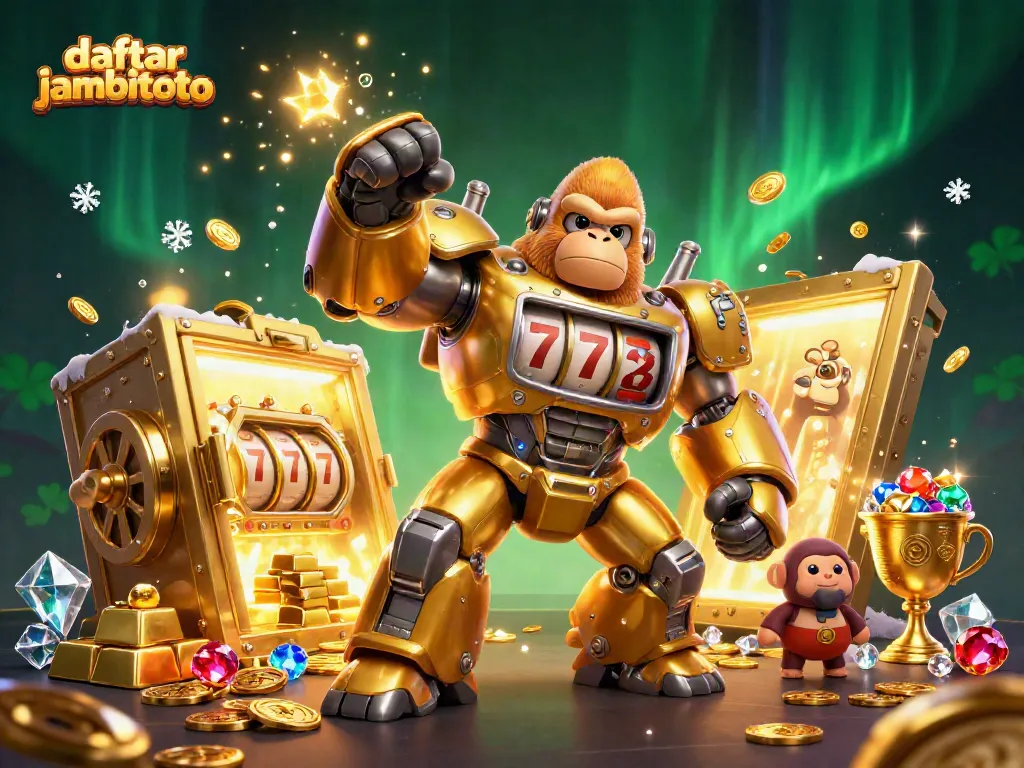 Engage with daftar jambitoto featuring a dynamic golden gorilla mech and treasure elements for an exciting online experience.