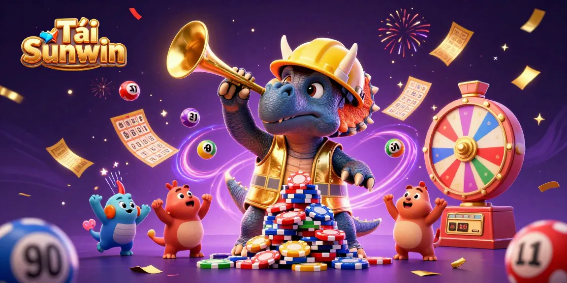Tải Sunwin players engage in a vibrant lottery scene featuring colorful balls and celebratory elements.