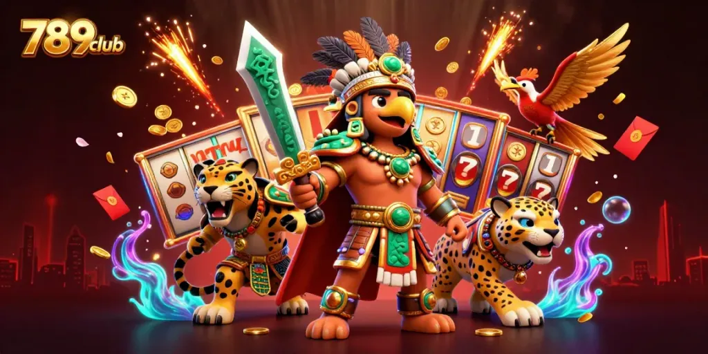 Engage with 789club's vibrant 3D casino scene featuring lucky symbols and characters.