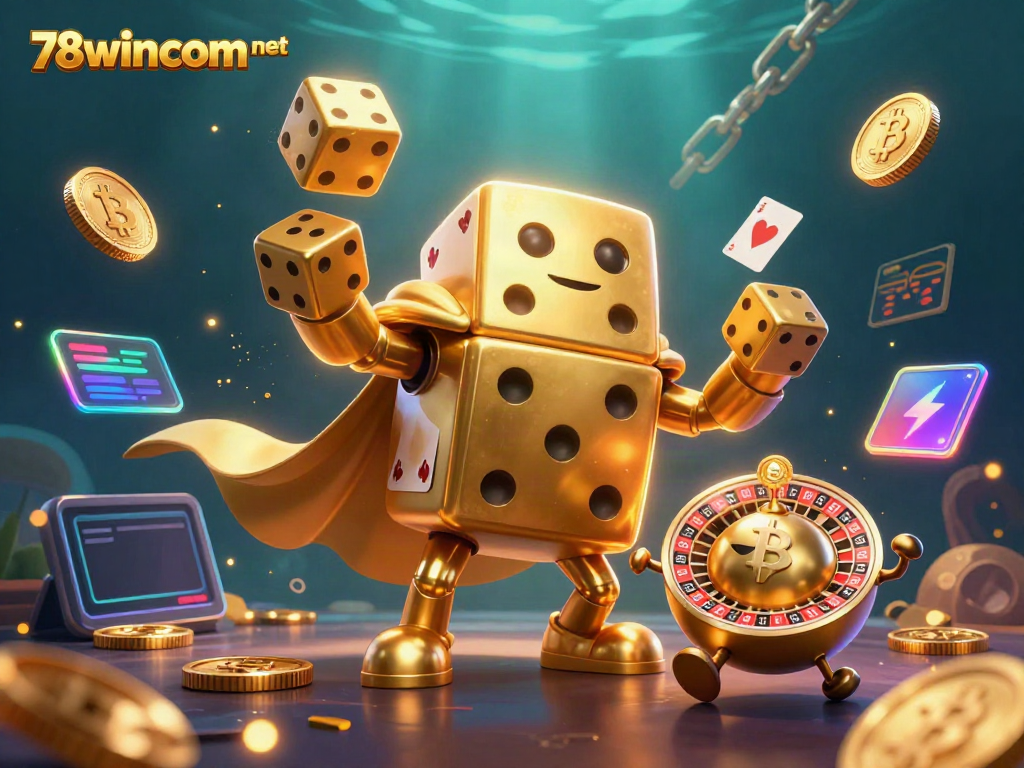 Superb 3D illustration depicting 78wincom net with golden dice and crypto elements for a vibrant gaming experience.