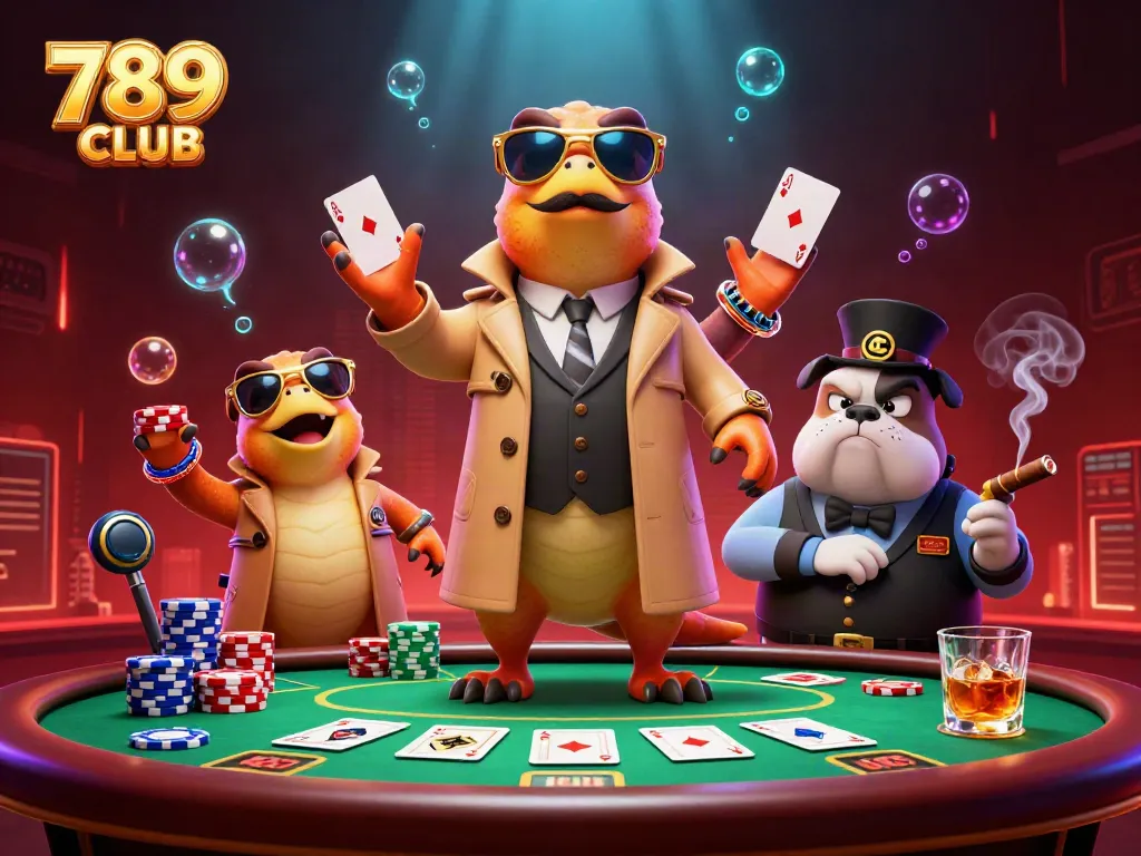 Engage in thrilling gameplay at 789CLUB with cartoon raptors entering a VIP Casino Lounge.