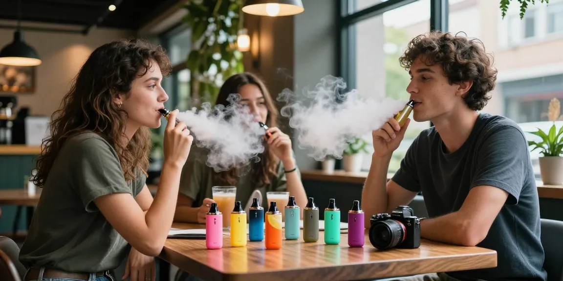 Top disposable vapes shop in USA featuring vibrant urban café scene with individuals enjoying flavorful vaping.
