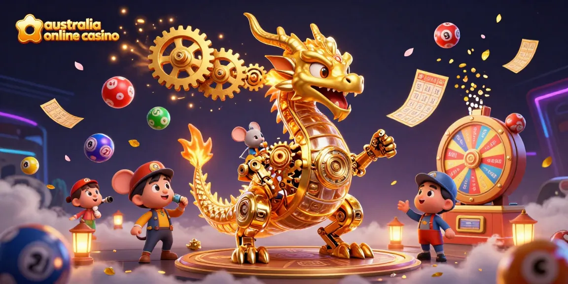 Engage with the excitement of the australia online casino as a golden dragon breathes gears amidst lively lottery elements.