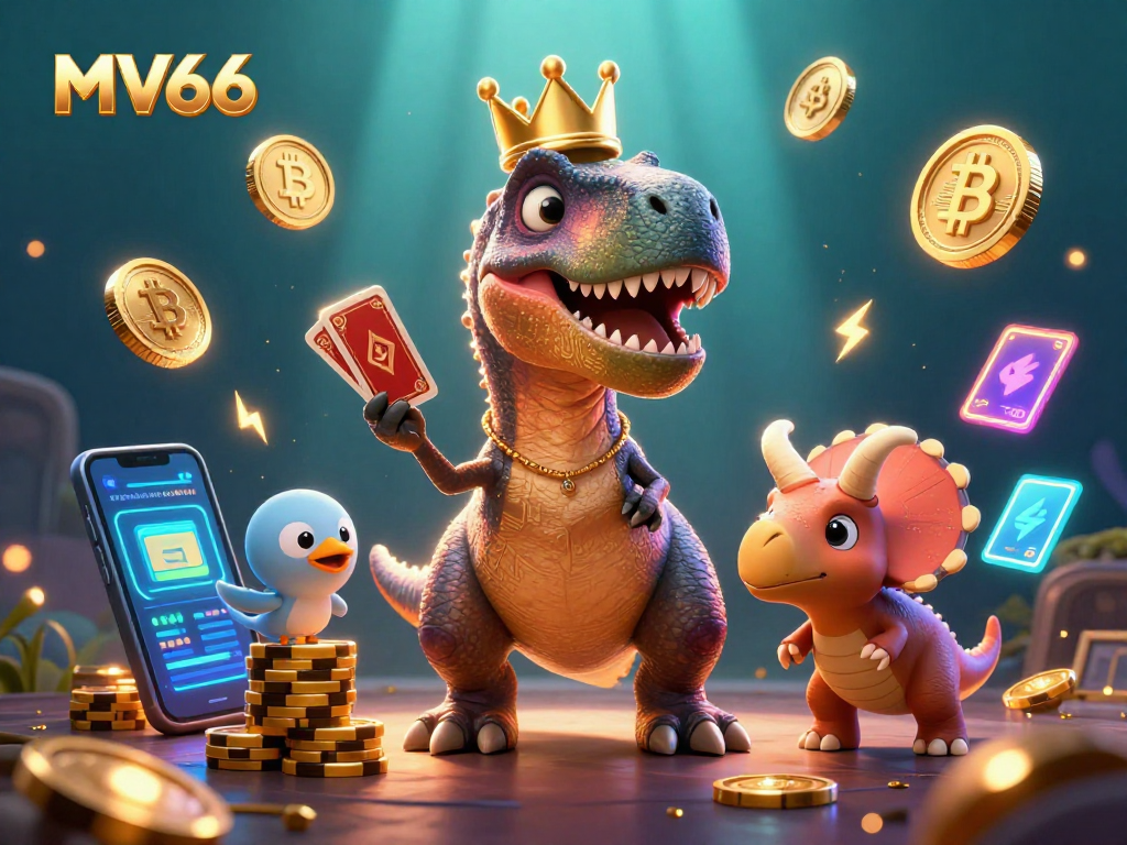 MV66 players enjoy lively gameplay with a T-Rex and friends amidst dazzling casino elements.