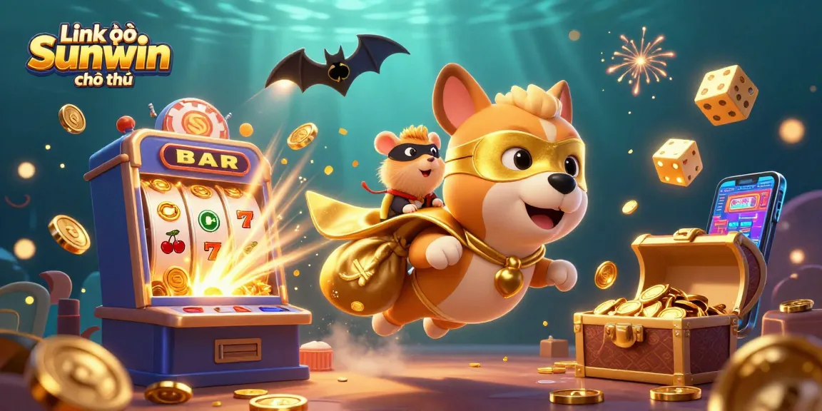 Link vào Sunwin chính thức showcasing a superhero dog flying through a vibrant casino scene full of excitement.