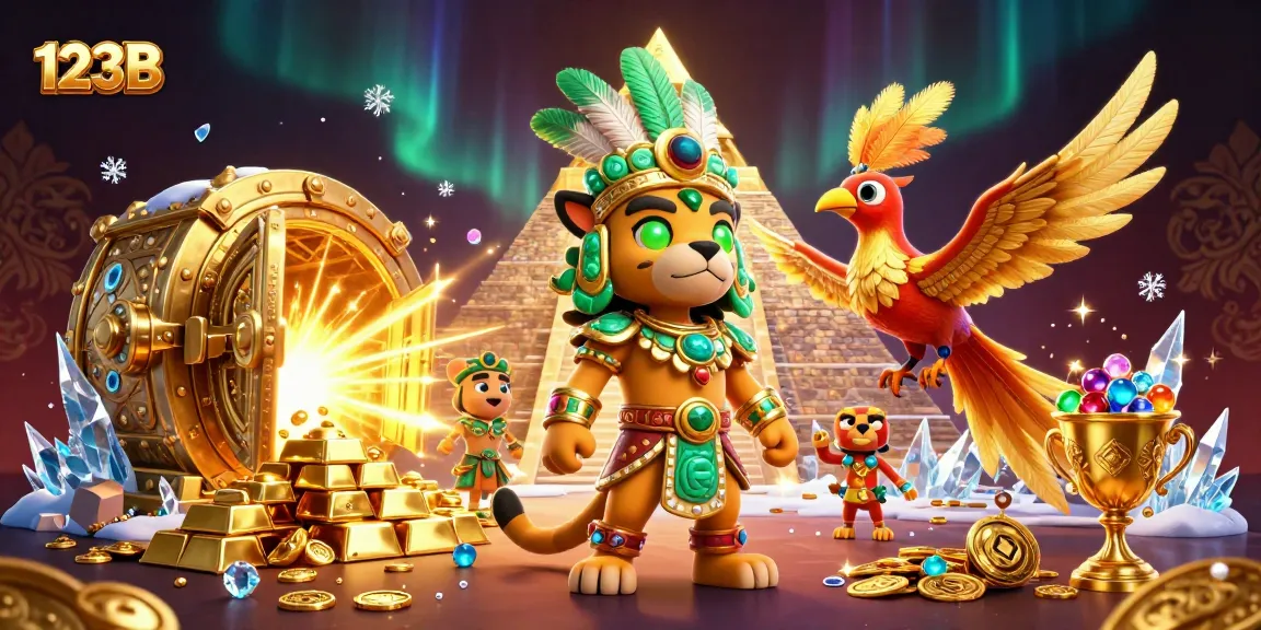 Experience thrilling wins at 123B with a vibrant 3D casino scene filled with treasure and excitement.