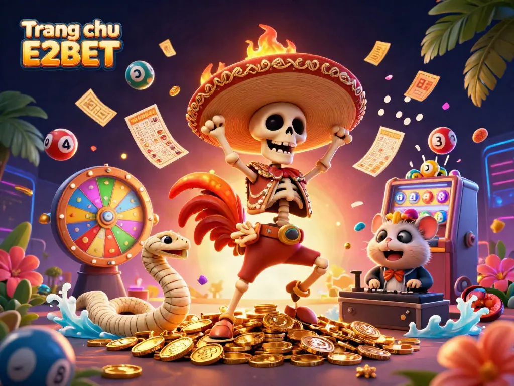 Experience the thrill of winning at Trang chu E2BET with vibrant characters celebrating among golden rewards in a dynamic casino scene.