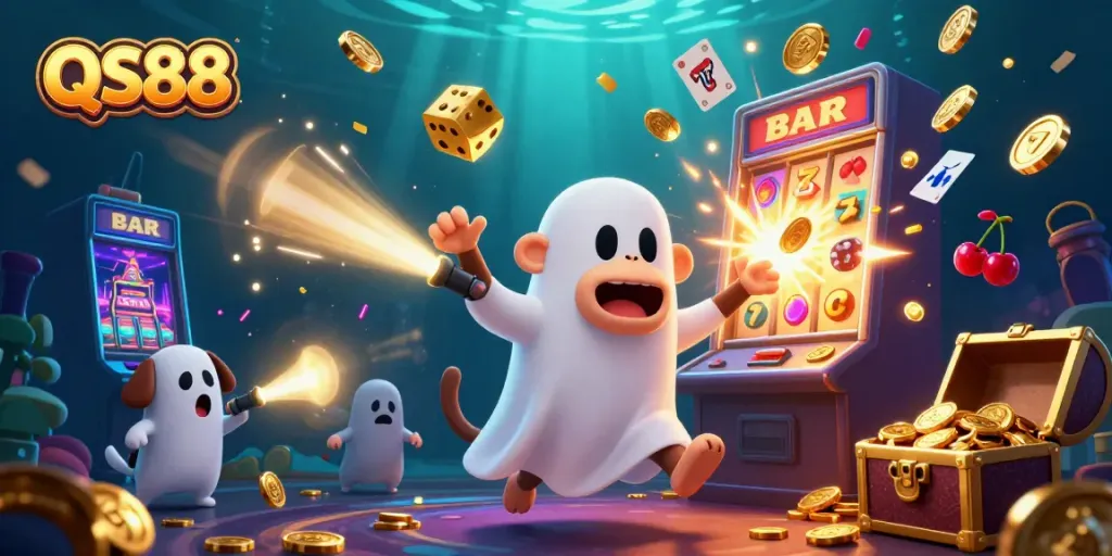 Experience the thrilling QS88 casino environment with mischievous characters and jackpot excitement.