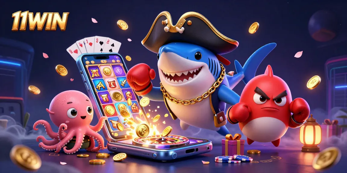 Engage with 11WIN's vibrant casino illustration featuring characters in a fun, animated setting.