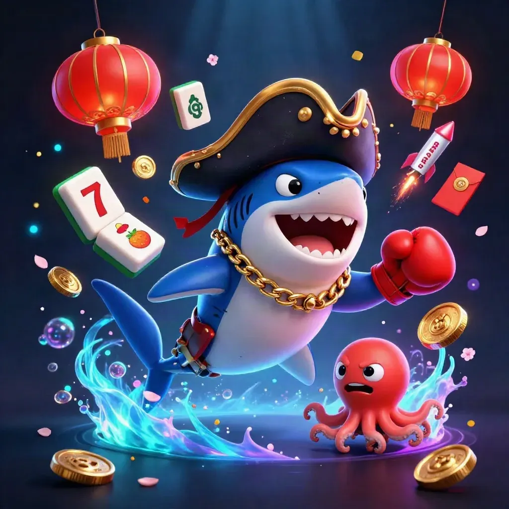 Pirate shark, boxing pufferfish, and coin-juggling octopus in a neon casino splash