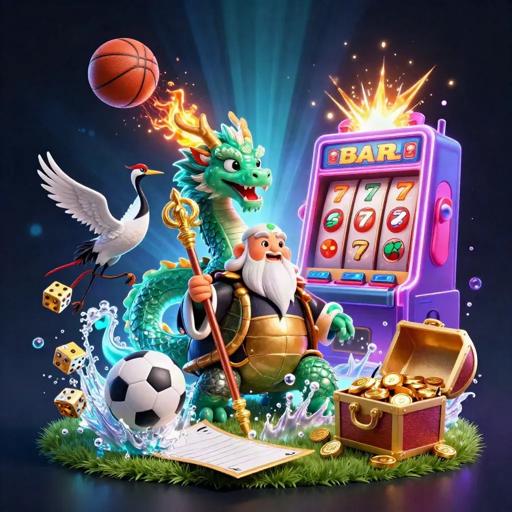 Jade dragon, turtle sage, cranes, and casino bursts around frozen sports balls in neon light.