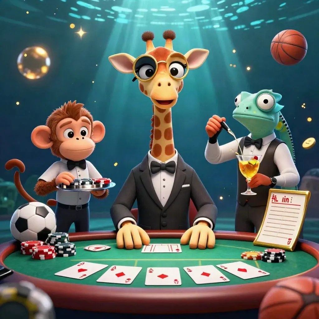 Giraffe, monkey, and chameleon at a neon poker table with chips, cards, and sports balls.
