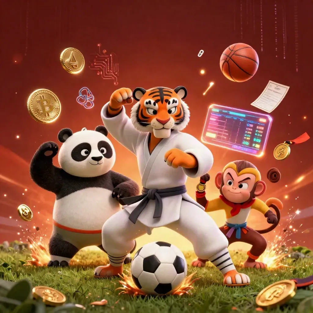 Kung-fu tiger, panda, and monkey amid a frozen soccer ball burst and casino neon glow.