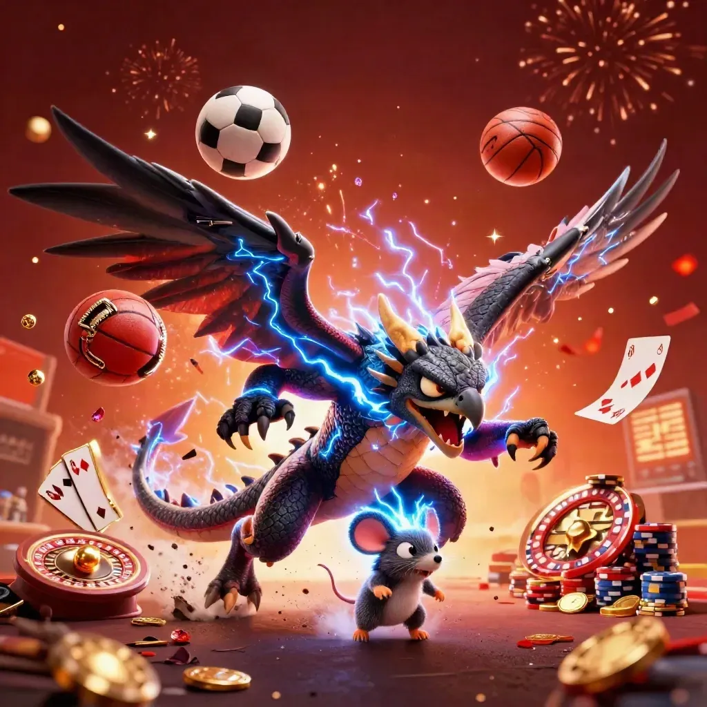 Thunder dragon, wind hawk and static mouse amid flying sports balls, chips and casino sparks.