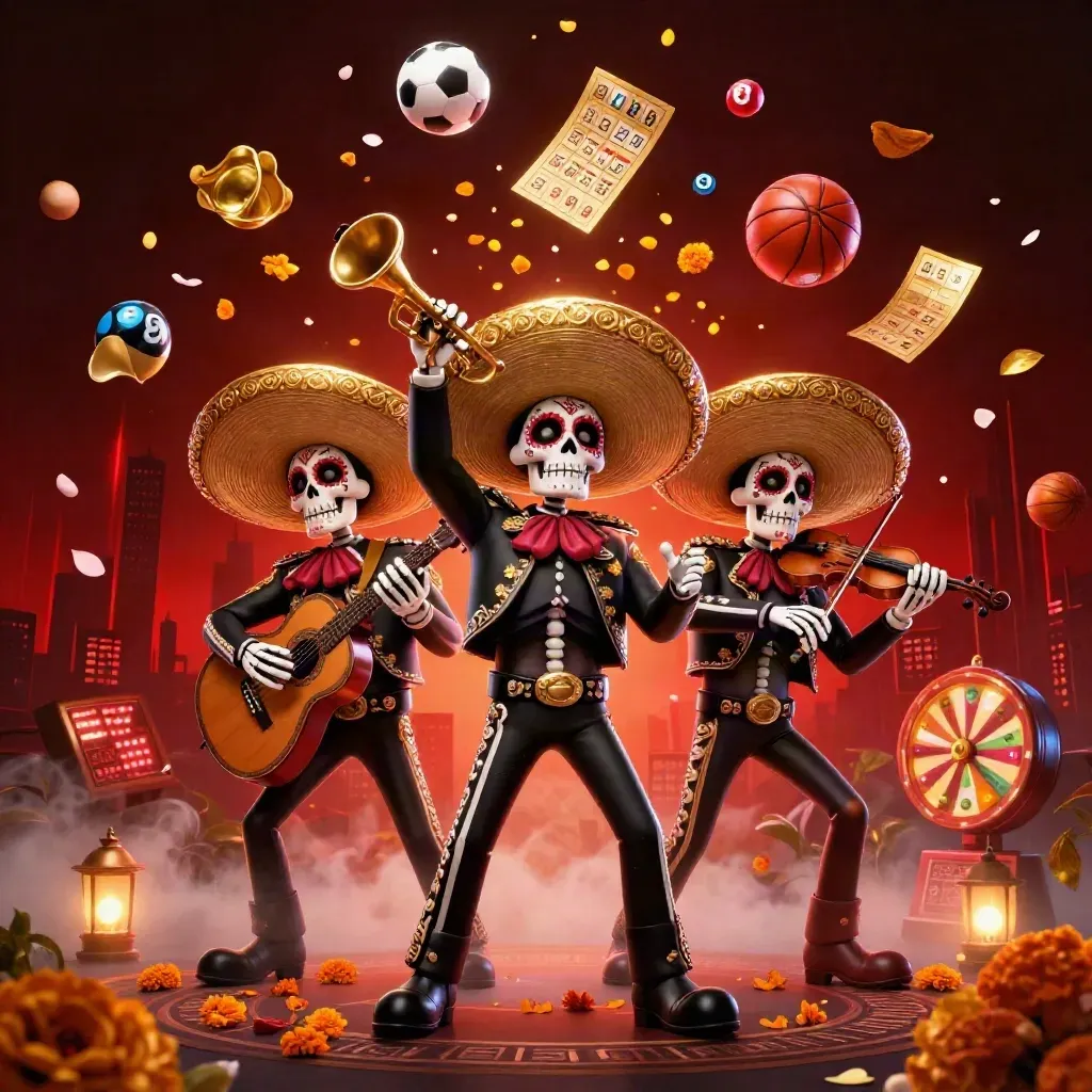 Skeleton mariachi trio amid flying lottery balls, prize wheel, and casino lights.