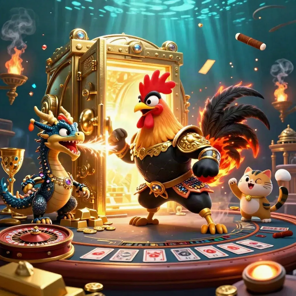 Rooster warrior, dragon hatchling and fortune cat amid a glowing vault, gold, gems and casino lights