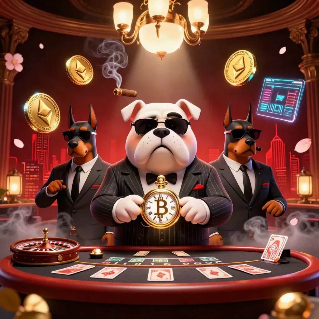 Bulldog boss with two Dobermans amid casino crypto effects, roulette wheel, and dark red luxury glow.