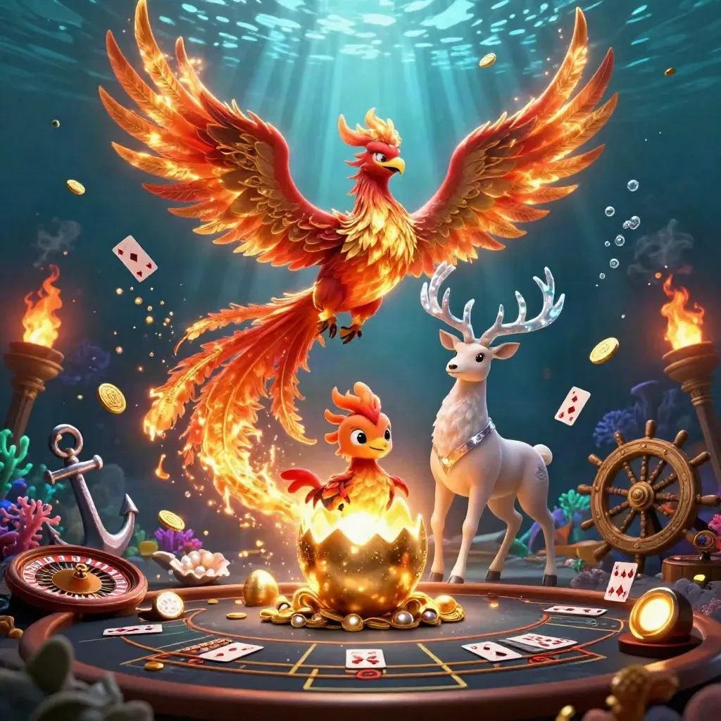 Phoenix, baby phoenix, and crystal-antler stag in a glowing underwater casino treasure cove
