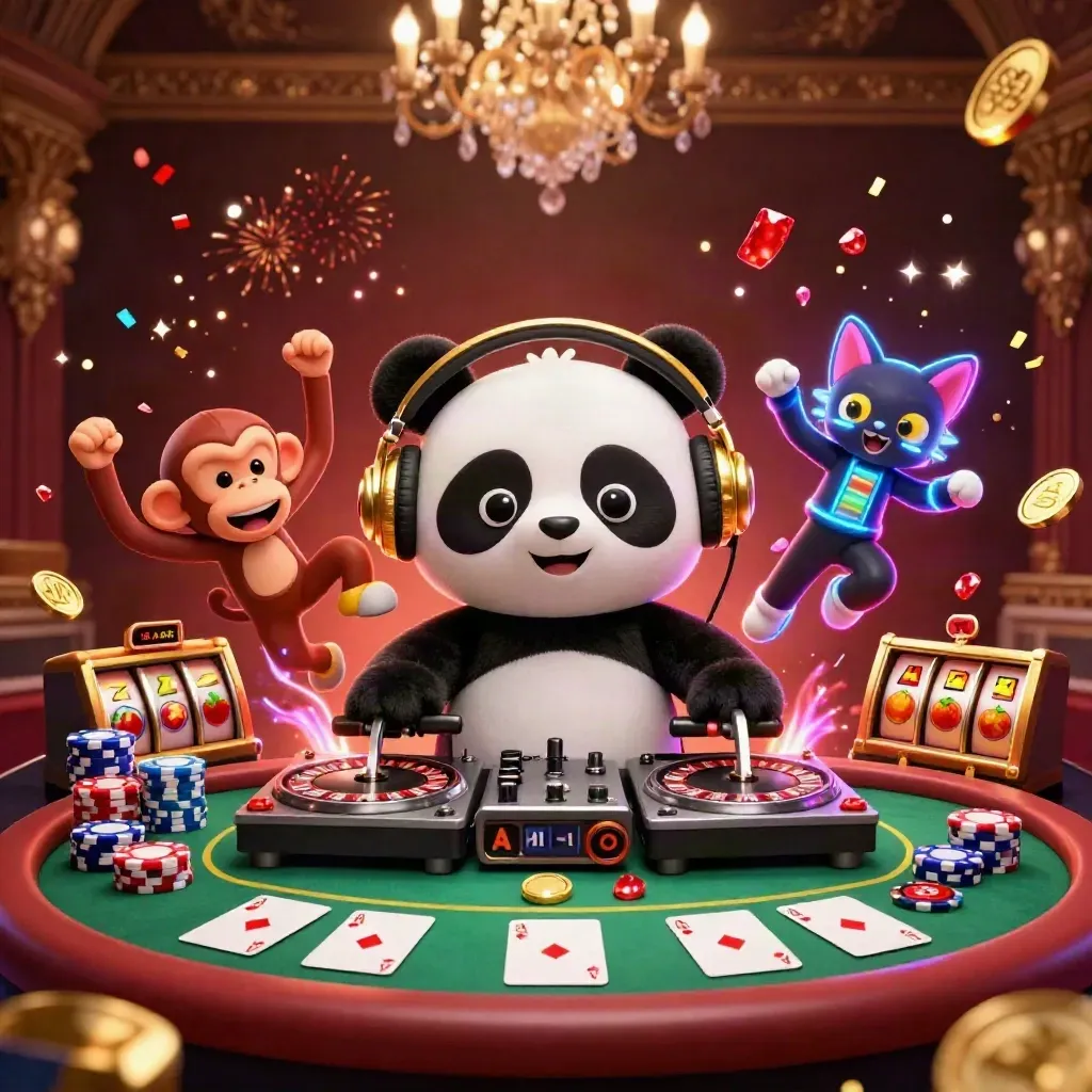 DJ panda, dancing monkey, and neon kitten amid casino chips, cards, and ruby-gold sparkles.