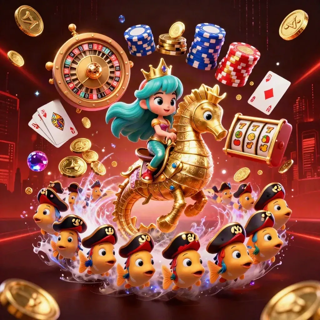 Mermaid princess on armored seahorse amid coins, gems, chips, and casino neon