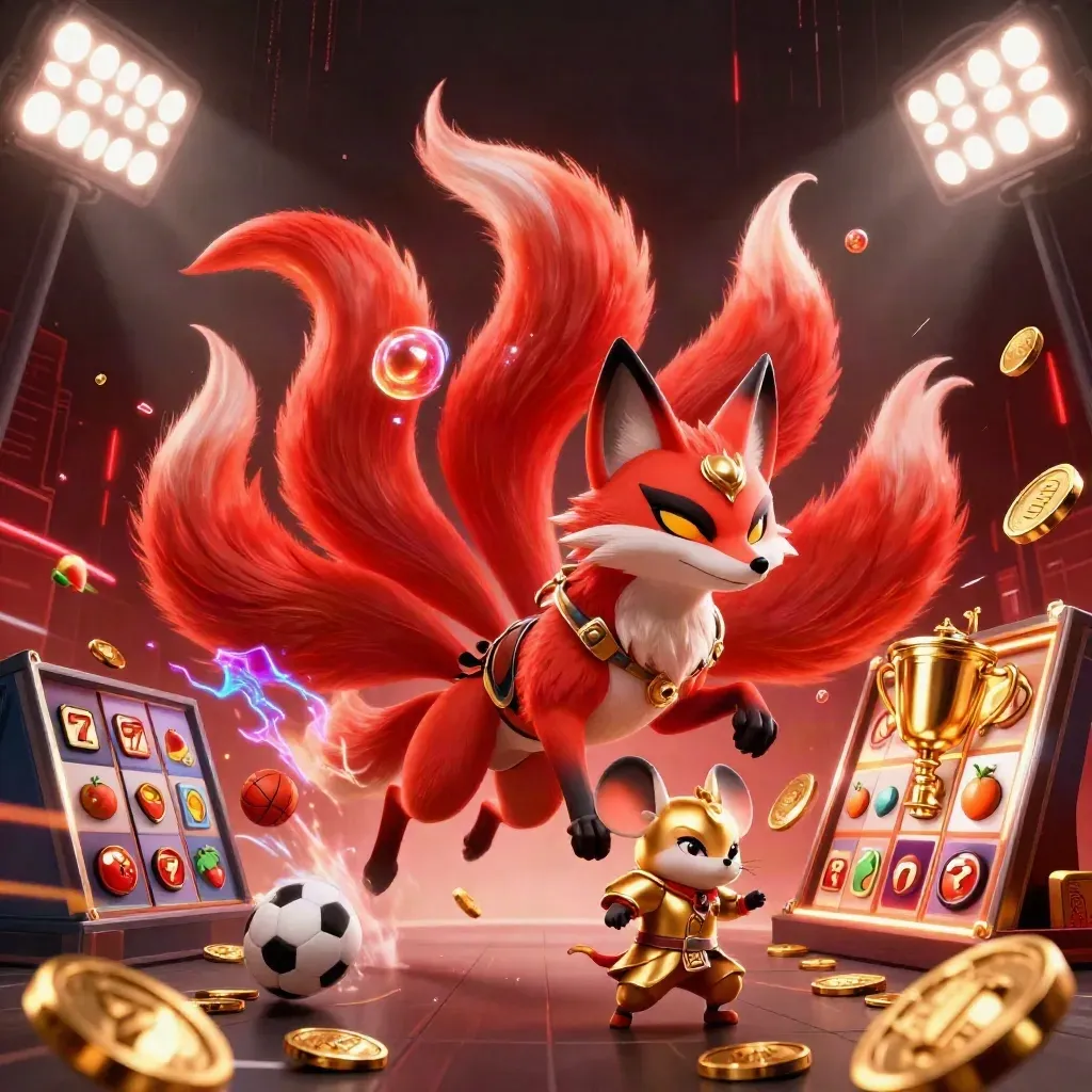 Nine-tailed fox spirit and armored samurai mouse amid gold coins, sports balls, and neon casino magic
